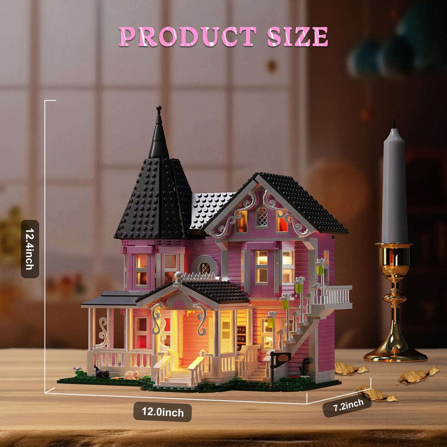 Pink Palace House Building Set with Lights, Halloween Haunted House Blocks Toy, Halloween House Kit for Kids Adults, Compatible with Lego, Christmas