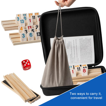 AEEMISEI 6-8 Players Rummy Cube Game with 8 Wooden Card Stands, 214 Colorful Rummy Cards, Exquisite Portable Box and Velvet Bag, Suitable for Family
