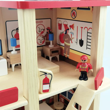 BBtinker Wooden Fire Station Playset, Multicolor 3-Level Pretend Play Dollhouse with Figures, Truck, Helicopter and Accessories, Preschool Learning