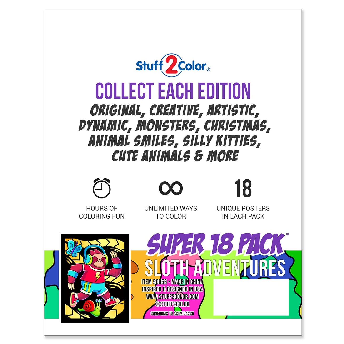 Stuff2Color Super Pack of 18 Fuzzy Velvet Coloring Posters (Sloth Adventures) - Arts & Crafts for Girls and Boys - Great for After School, Travel