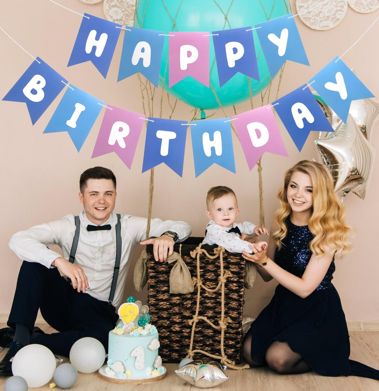 Blue Pink Happy Birthday Banner, Cute Birthday Bunting Decorations for Kids Girls Women Party Supplies