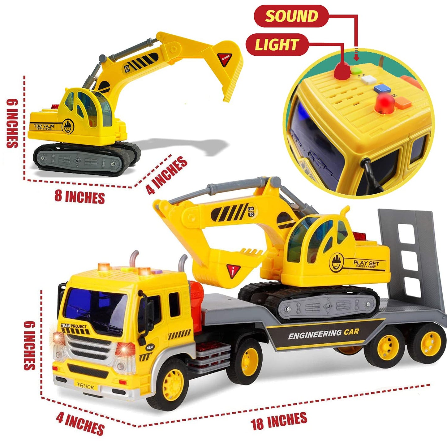 Liberty Imports Big Rig Tractor Trailer Low Boy Transport Flat Bed with Excavator Toy Trucks Combo, Semi Truck with Lights and Sounds, Flatbed Push