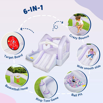 (2026 New) JOYMOR 6 in 1 Grandient Style Inflatable Bounce House for Ages 3-6 w/Ball Pit, Ring-Toss Game, Basketball Hoop and Slide, Bounce House