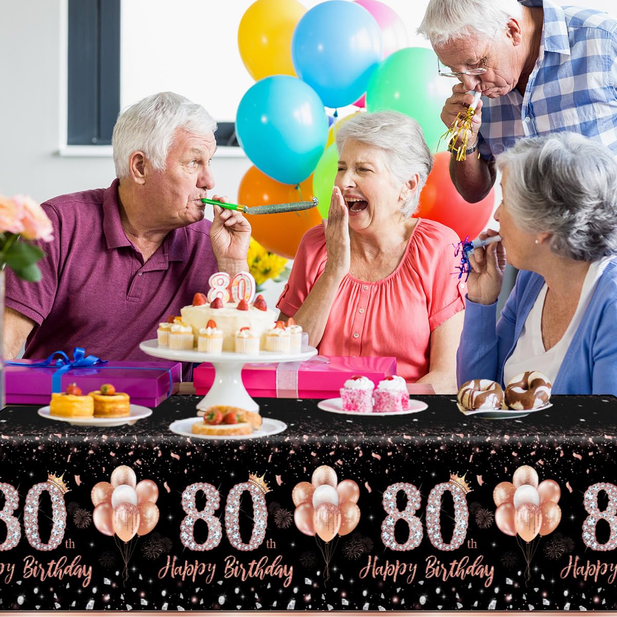 GREHUMOR 3Pcs 80th Birthday Tablecloth Decorations for Women-Rose Gold Pink Table Cloth Happy 80 Birthday Theme Party Supplies Table Cover Plastic