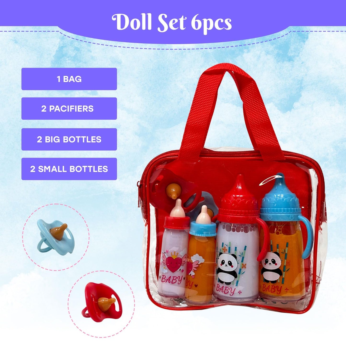 Baby Doll Bottles with Magic Disappearing Milk & Juice Playset, 6pc Pretend Baby Doll Accessories Set 4 Doll Feeding Toy Bottles and 2 Pacifiers