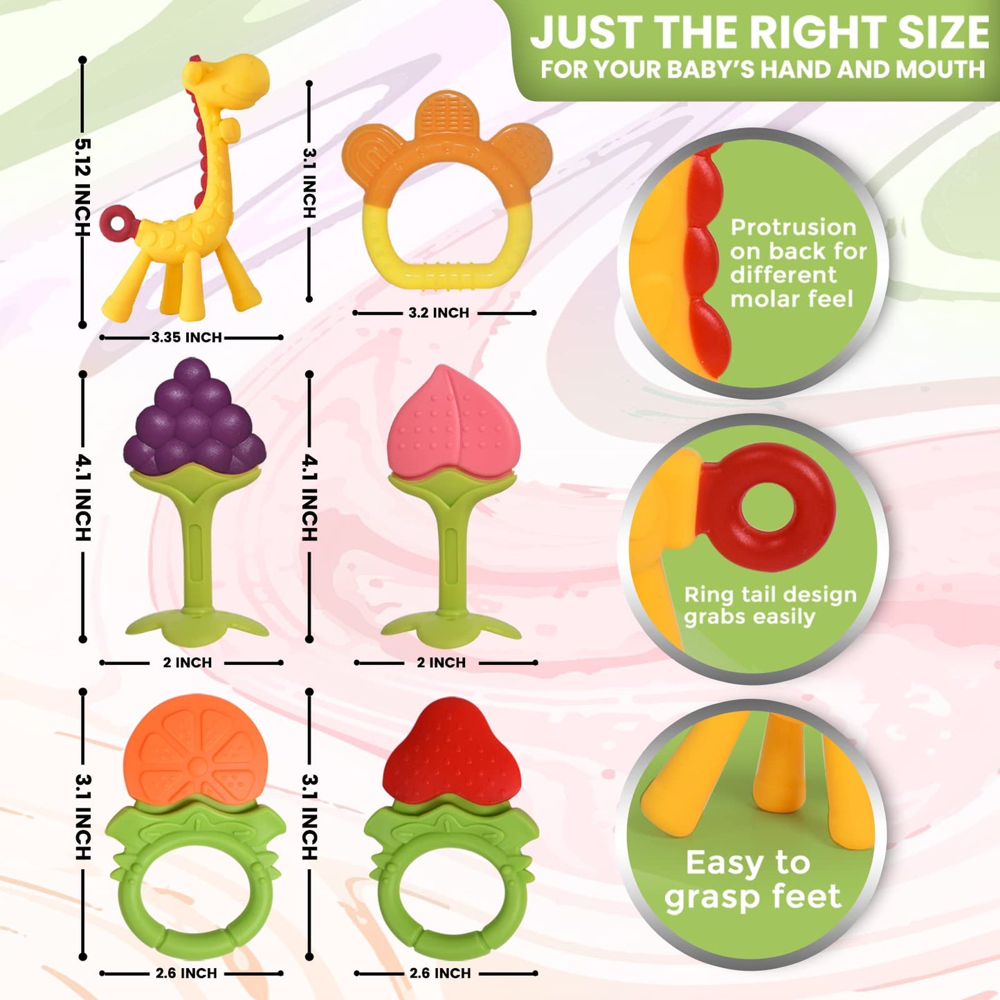 Silicone Baby Teethers - Freezer Safe Teething Toys for Infants 0-6 Months - 6 Pack