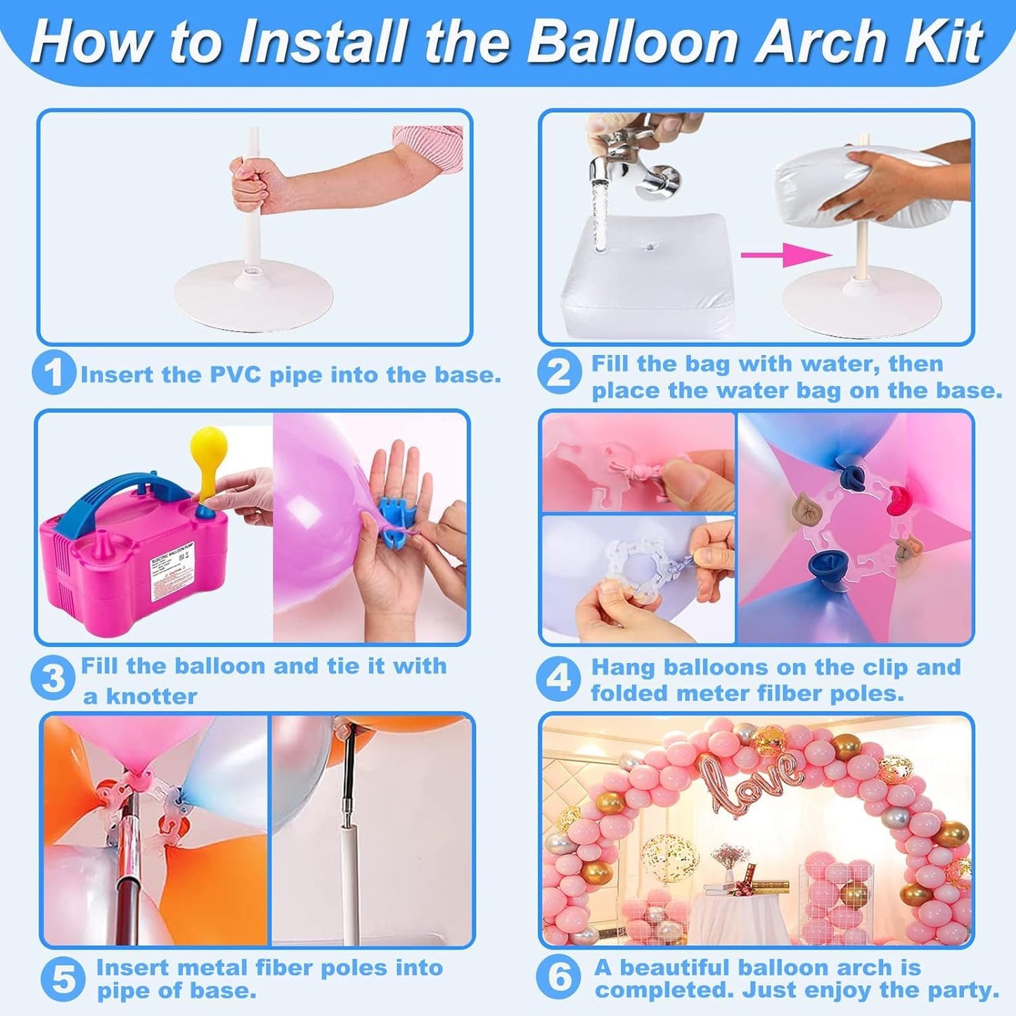 Balloon Arch Kit and Balloon Pump, 10FT Width 9FT Height Adjustable Balloon Arch Stand with NEW DESIGNED 2 Balloon Stands Water Fillable Bases