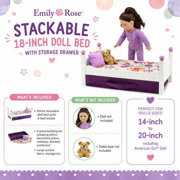 Emily Rose 18 Inch White Stackable Doll Bed with 4PC Bedding & Storage Bin
