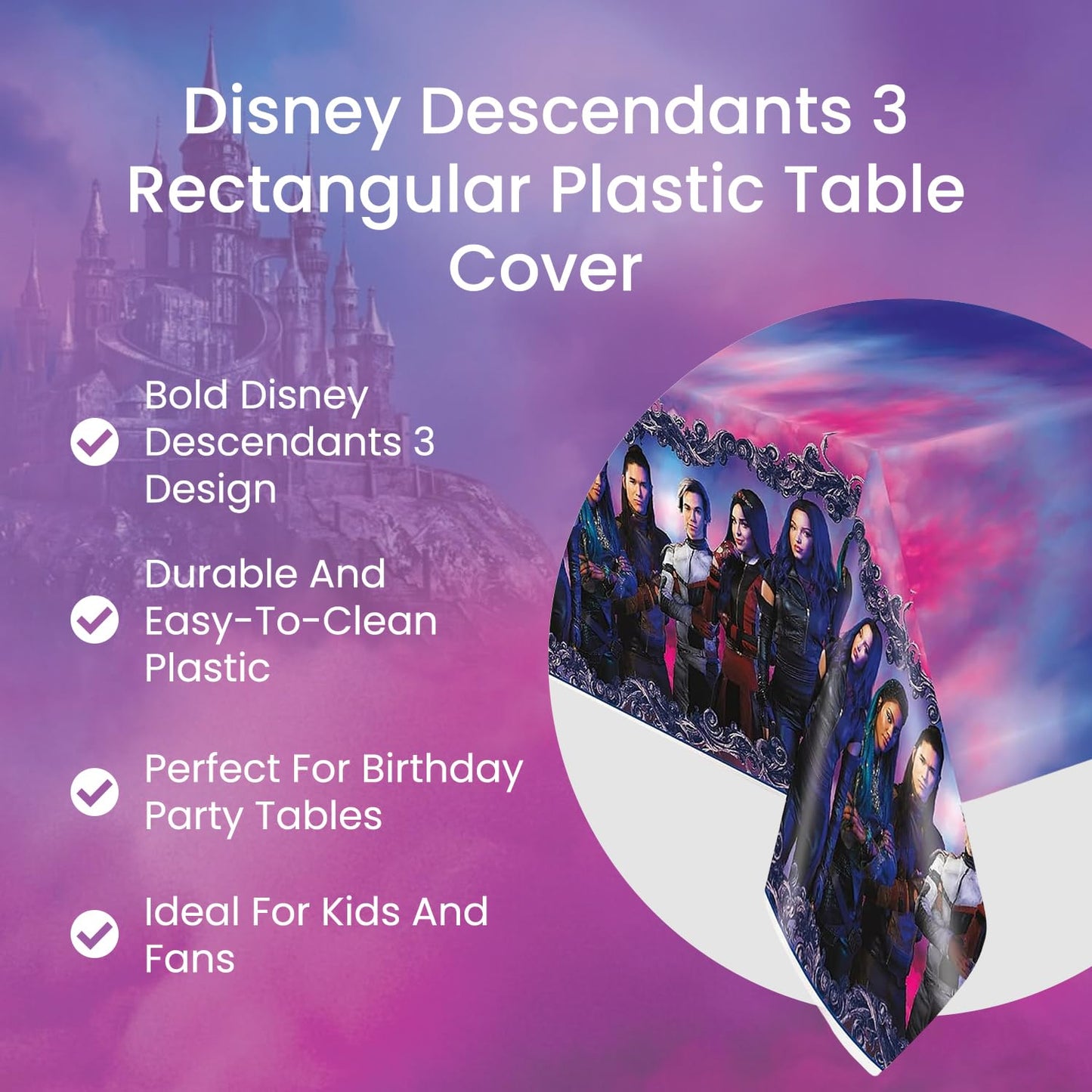 Disney Descendants 3 Rectangular Plastic Table Cover - 54" x 84" (1 Pc) - Multicolor & Easy-to-Clean Tablecover, Perfect for Themed Celebrations