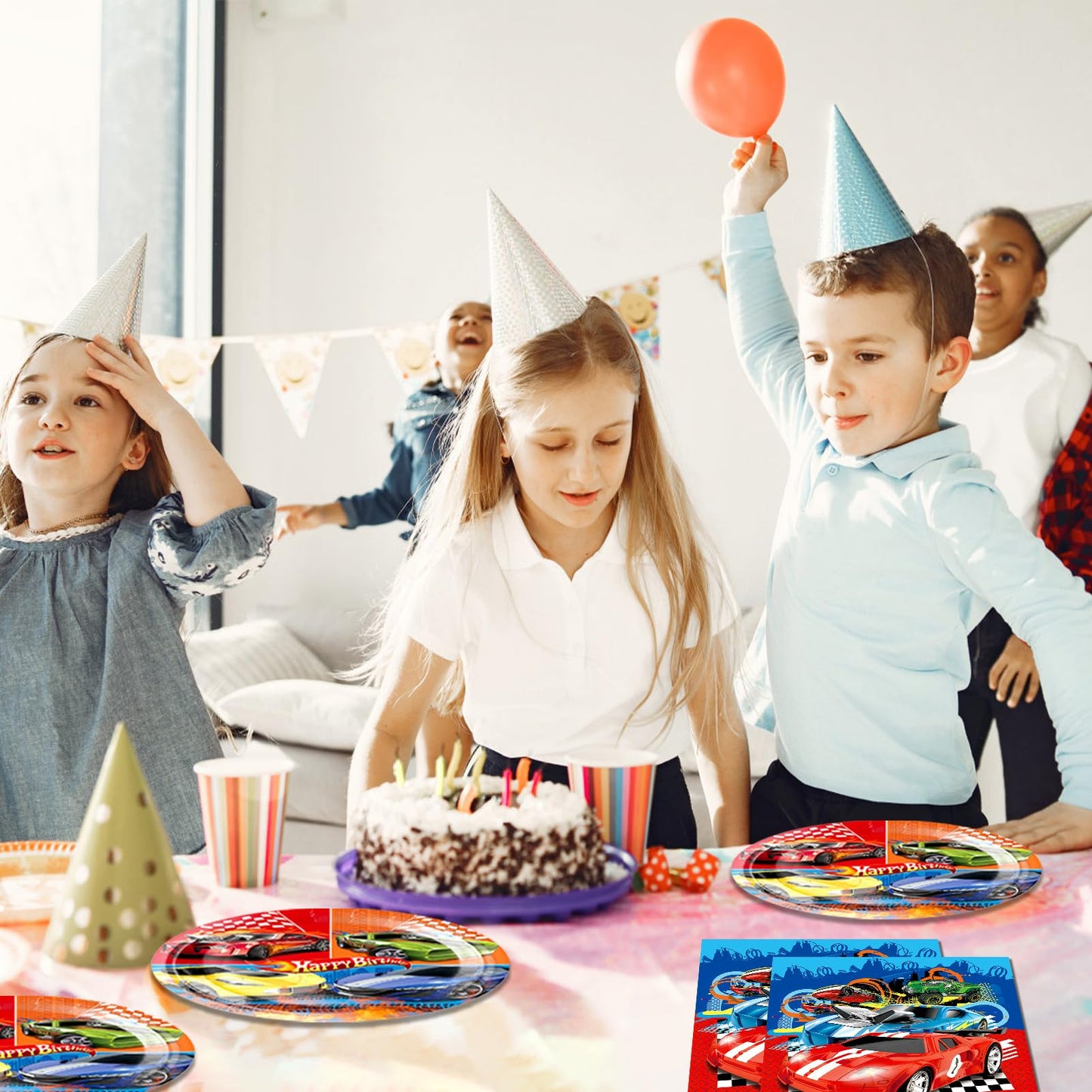 DURYGEN 40 Pieces Cars Birthday Party Decorations Hot Car Disposable Tableware Set Include Racing Car Plates Napkins Party Supplies Kit for Kids Boys