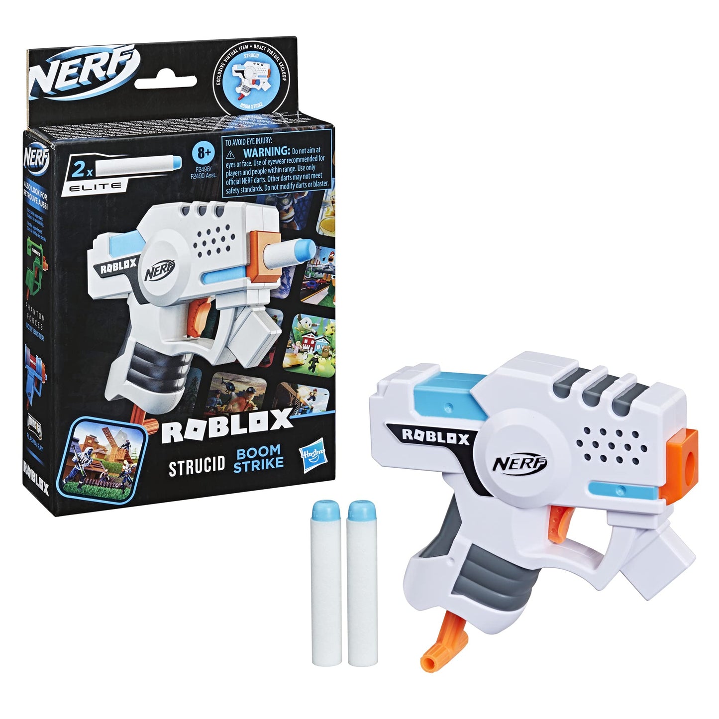 Nerf Roblox Strucid: Boom Strike Dart Blaster, Pull-Down Priming Handle, 2 Elite Darts, Code to Unlock in-Game Virtual Item, White