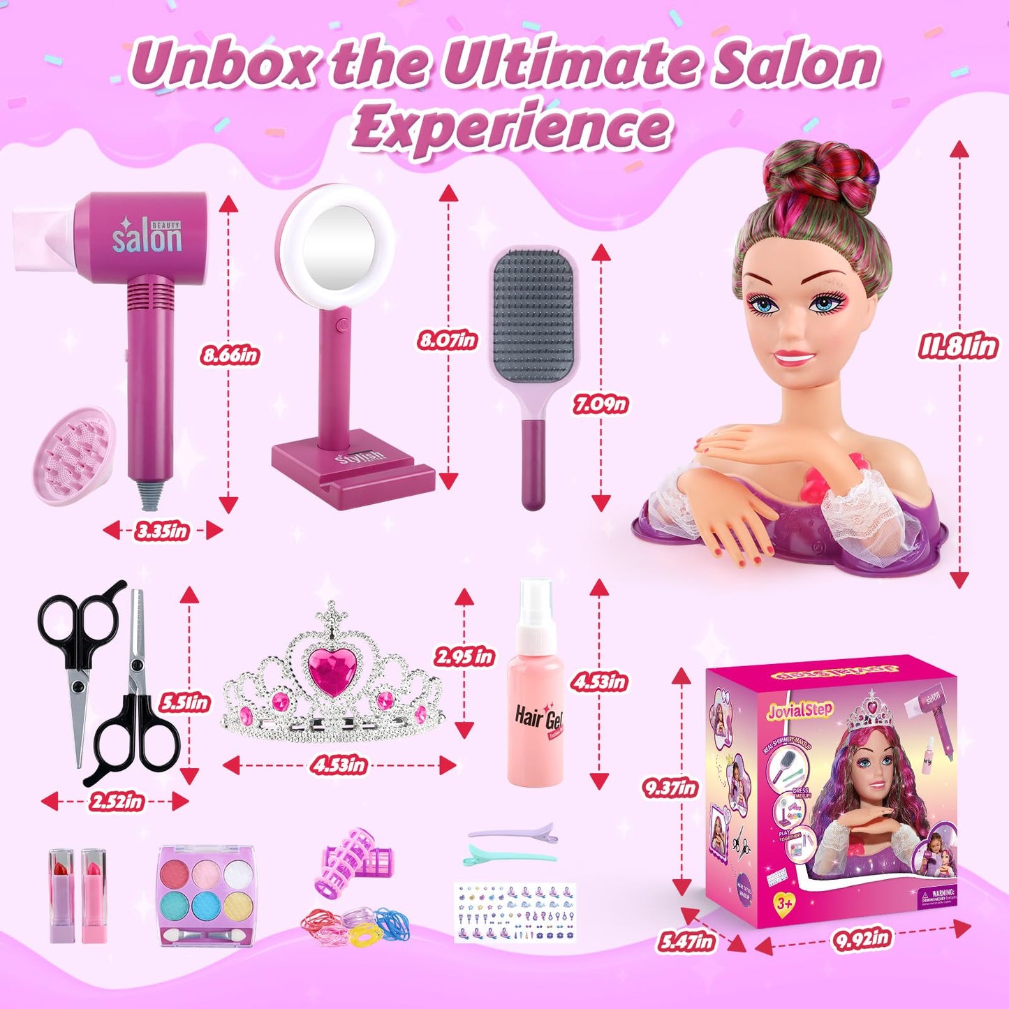 Princess Hair Styling Doll Head Makeup Kit for Girls- Pink, Purple Highlighted Wavy Hair Salon Set with 20+ Accessories - Makeup & Braiding Playset
