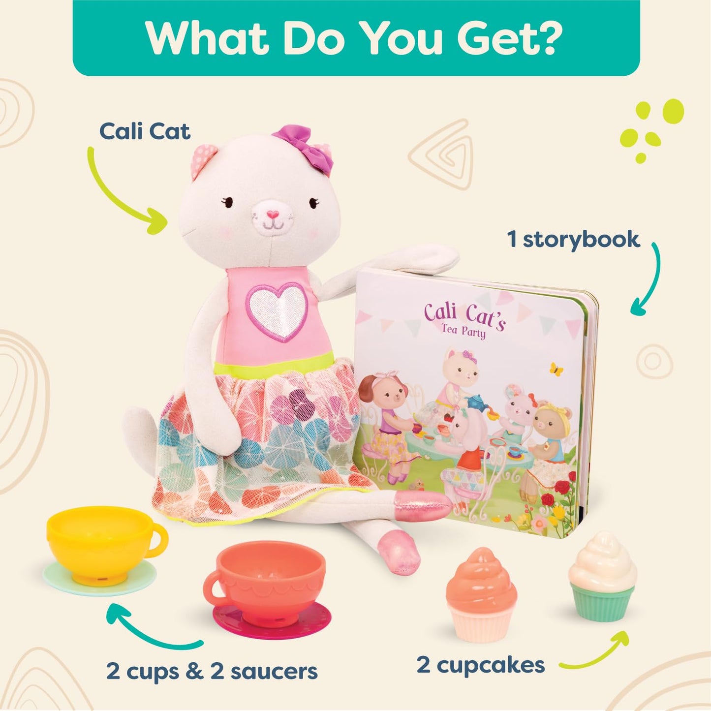 B. toys Tippy Toes Cali Cat Plush Tea Party Playset with Storybook