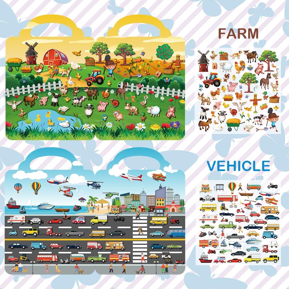 Aannanl Reusable Sticker Book for Toddlers 2-4 Years, 6 Sets of Puffy Sticker Books for Kids Ages 1-3 and 2-4 Years Old Book for Girls and Boys