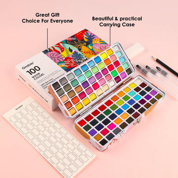 Grabie 100 Colors Watercolor Paint Set - 50 Regular, 35 Metallic, 10 Macaron and 5 Fluorescent Colors - Portable with Carrying Case, Water Brush Pens