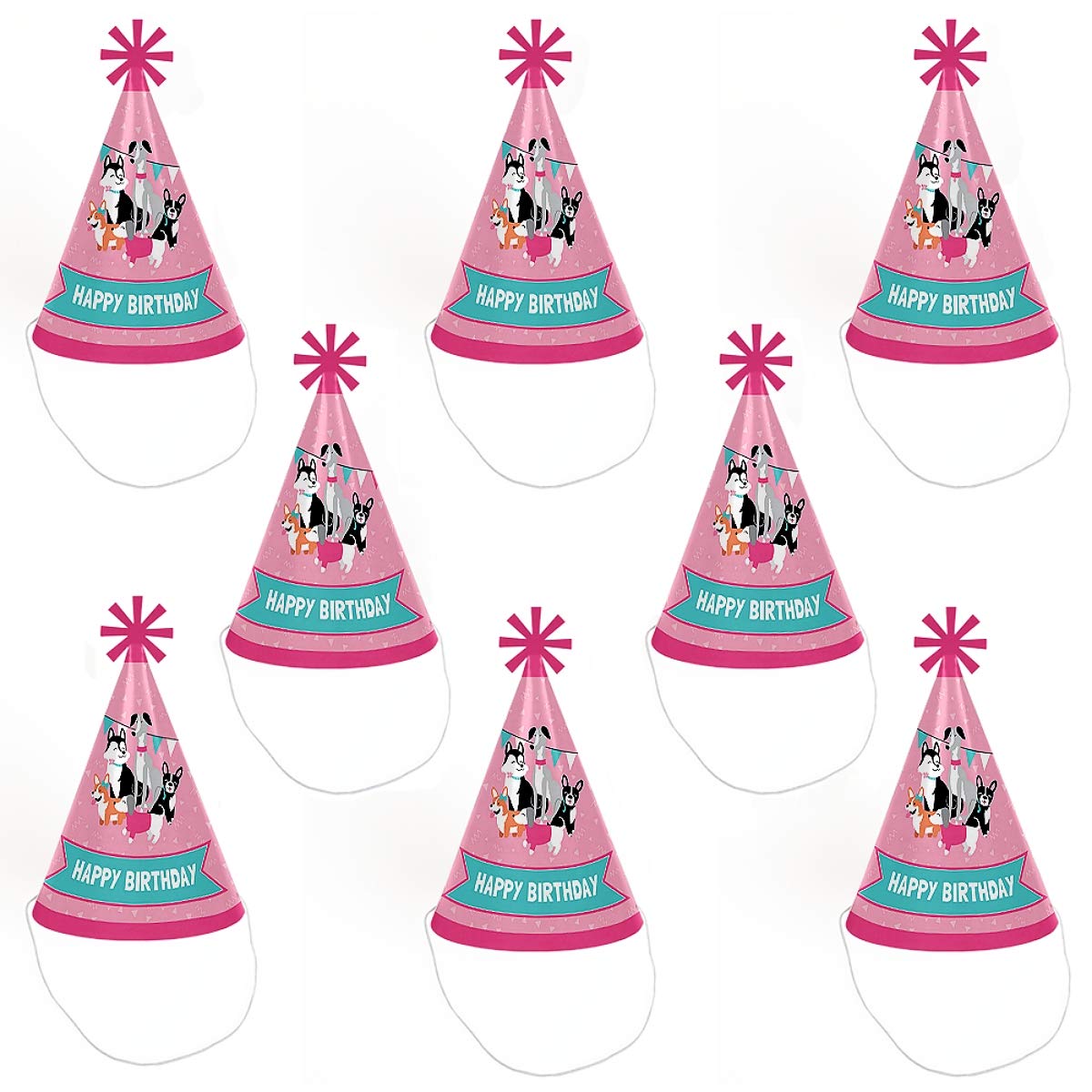 Big Dot of Happiness Pawty Like a Puppy Girl - Cone Happy Birthday Party Hats for Kids and Adults - Set of 8 (Standard Size)