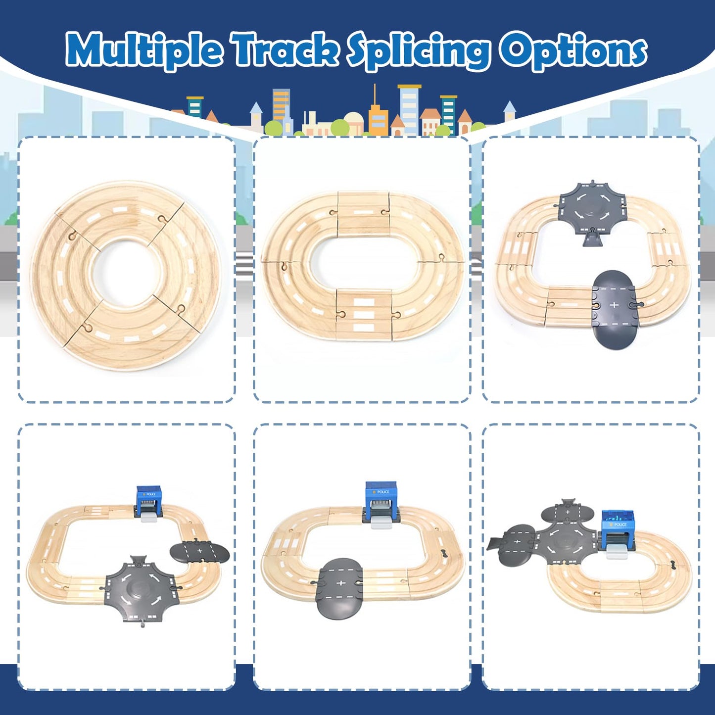JugueteLand 59 Pcs Wooden Train Set for Toddlers, Toy Train with Track for Kids Ages 3-6, Deluxy Double Track City Police Station Railway Playset