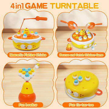4 in 1 Table Game for kids, Bounce and Catching Game, Fishing Game, Bowling Toy, Tic-Tac-Toe, Music,Light, Hook-a-Chicken, Hand-Eye Coordination