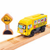 Motorized School Bus for Wooden Track - Yellow Schoolbus Themed Battery Operated - Includes Wooden Bus Stop Sign - Electric Powered Engine Toy
