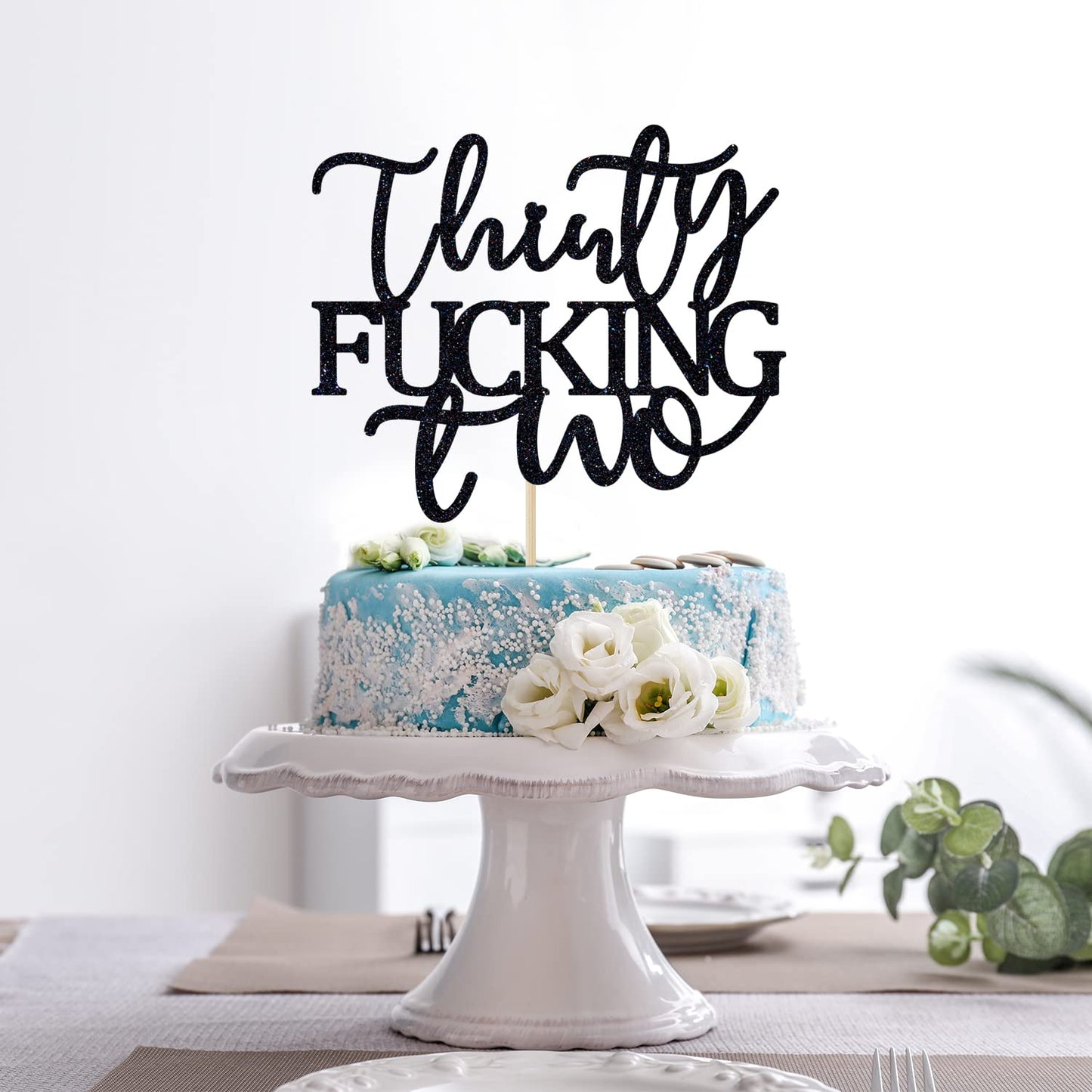 Thirty Fucking Two Cake Topper - Happy 32nd Birthday Cake Decor - Cheers to 32 Years Birthday Party Decorations Supplies, Black Glitter