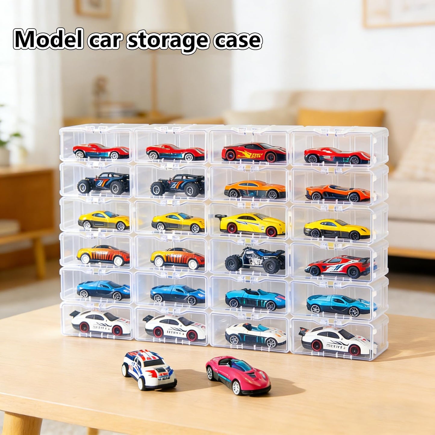 80-Pack Interlocking Toy Car Storage Case for 1/64 Scale Die-Cast Cars, Compatible with Hot Wheels & Matchbox Mini Cars, Clear Dustproof Stackable