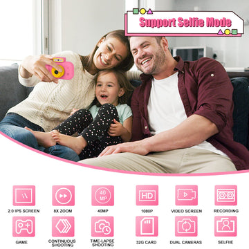 Kids Camera, Toddler Selfie Digital Pink Camera Birthday Toys Gift for Girls Age 3-9, Portable Kids HD Digital Video Recorder with 32G SD Card, Toys