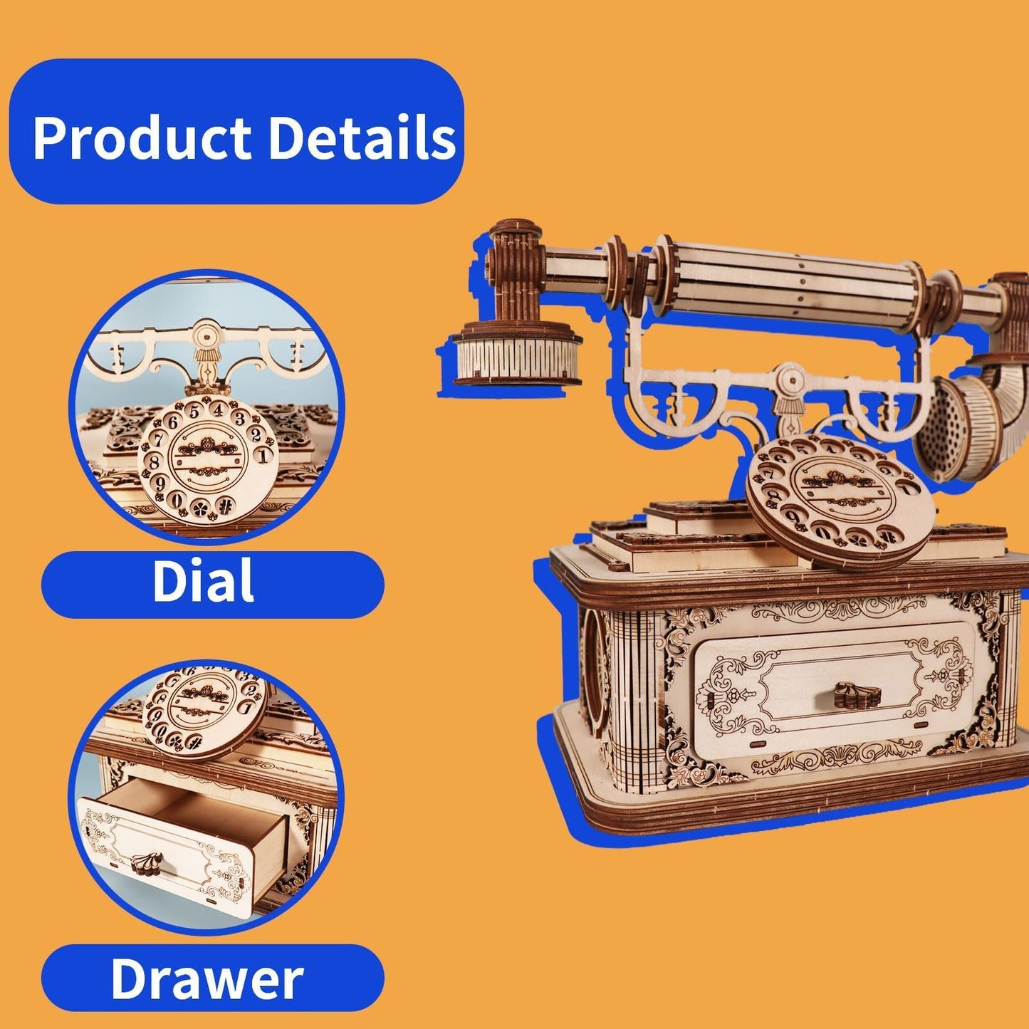 Creative Retro Telephone 3D Wooden Puzzle for Adults Tabletop Model Kits Decoration and Gift for Christmas Birthday