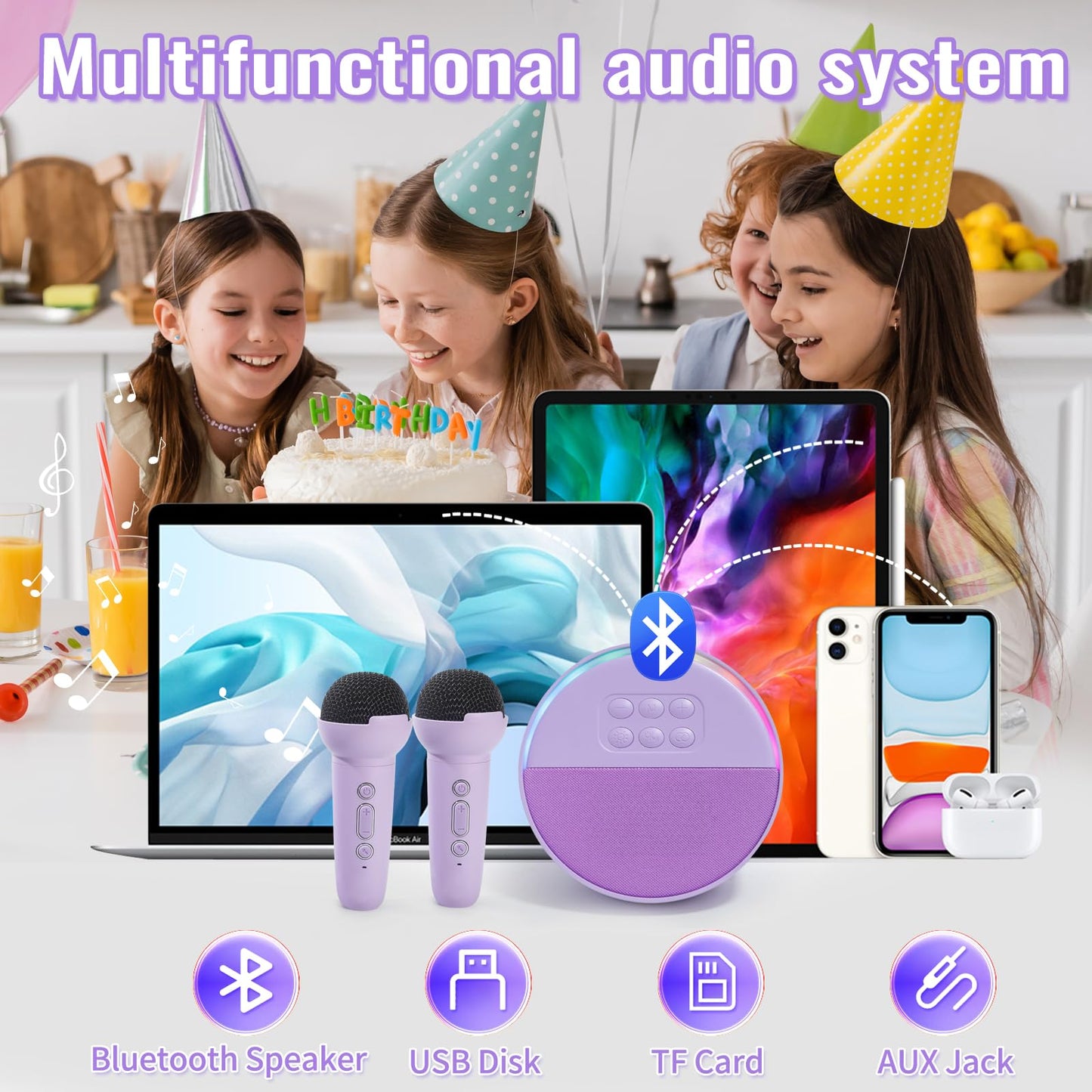 Mini Karaoke Machine for Kids, Portable Bluetooth Speaker with 2 Wireless Microphones, Birthday Gifts Toys for Girls Ages 3, 4, 5, 6, 7, 8, 9, 10+