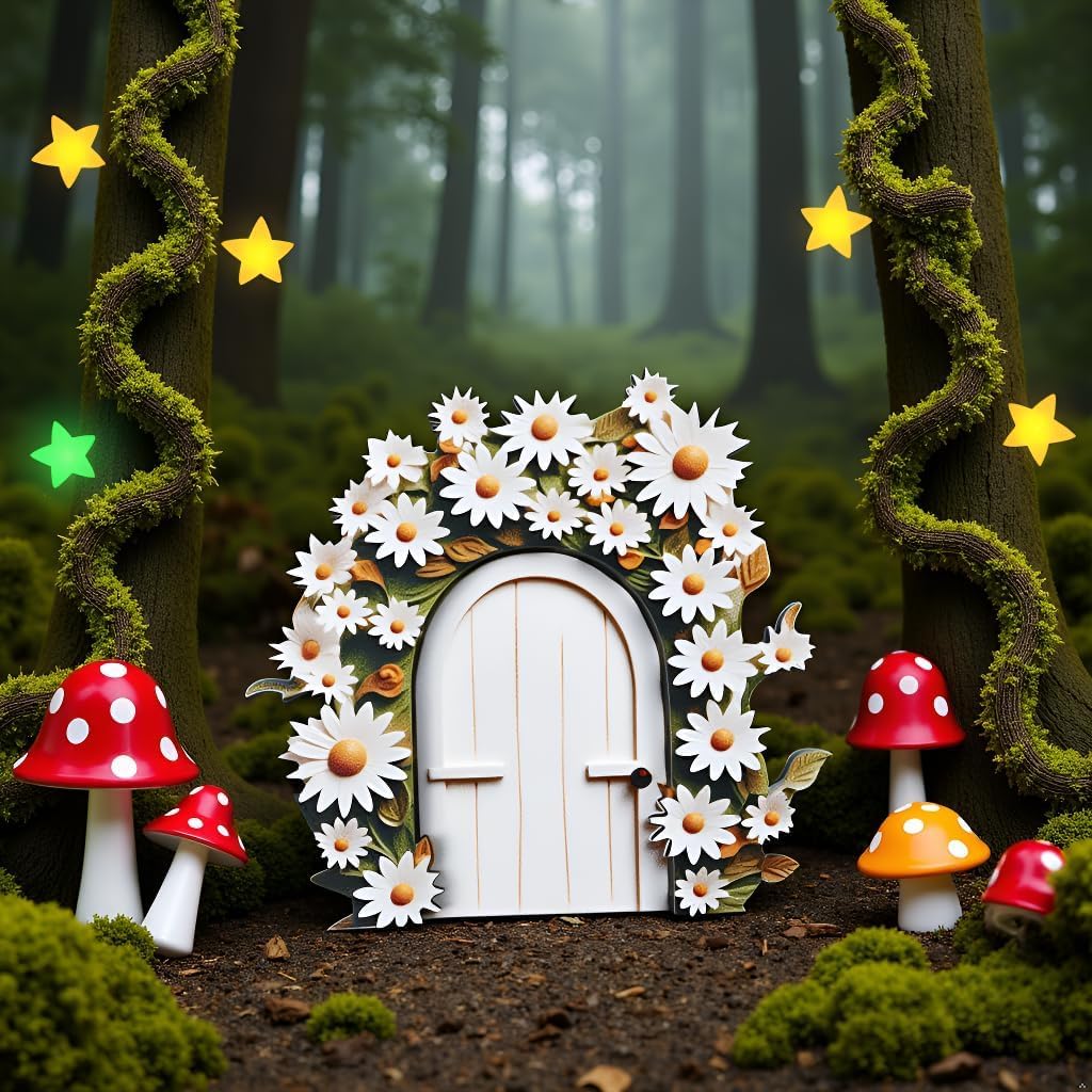 Cauaoa White Daisy Frame Fairy Door, Miniature Fairy Garden Accessories, Glow in The Dark, Outdoor Decor