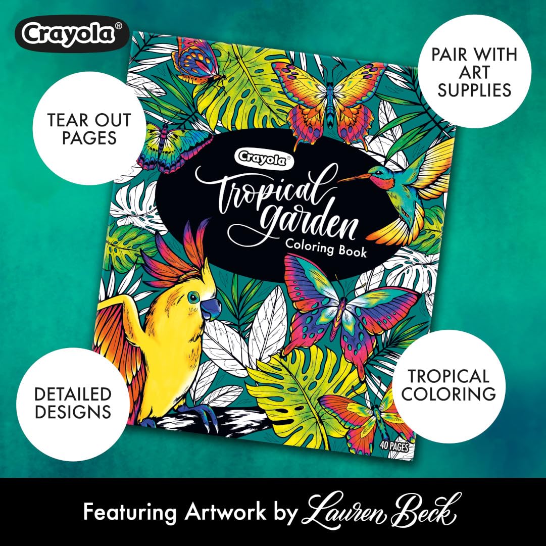Crayola Tropical Garden Adult Coloring Book (40pgs), Adult Coloring Pages, Stress Relief Activity, Gift for Teens & Adults, 9+