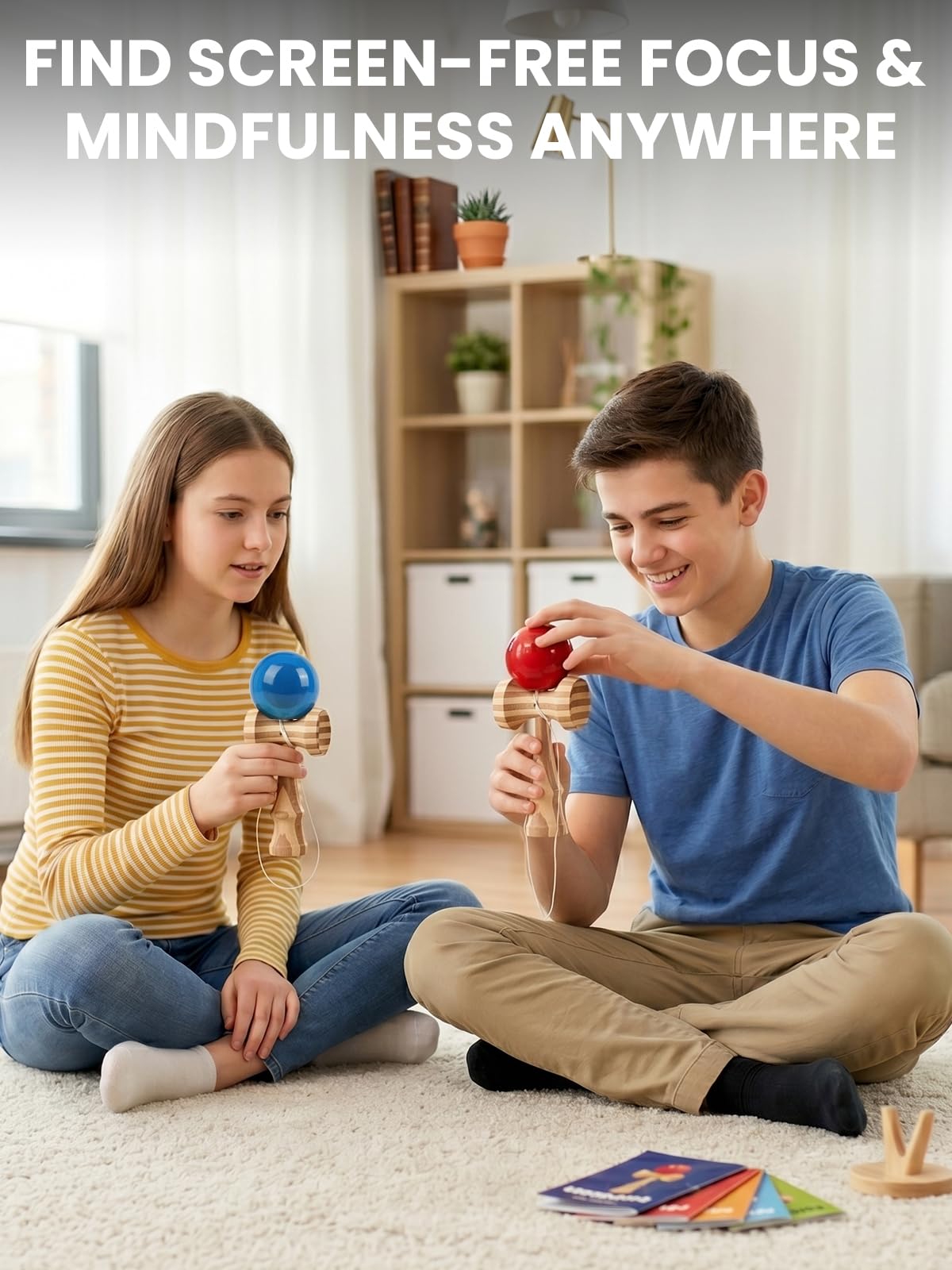 Bamboo Kendama, Traditional Japanese Skill Toy for Kids & Adults(Red&Blue)