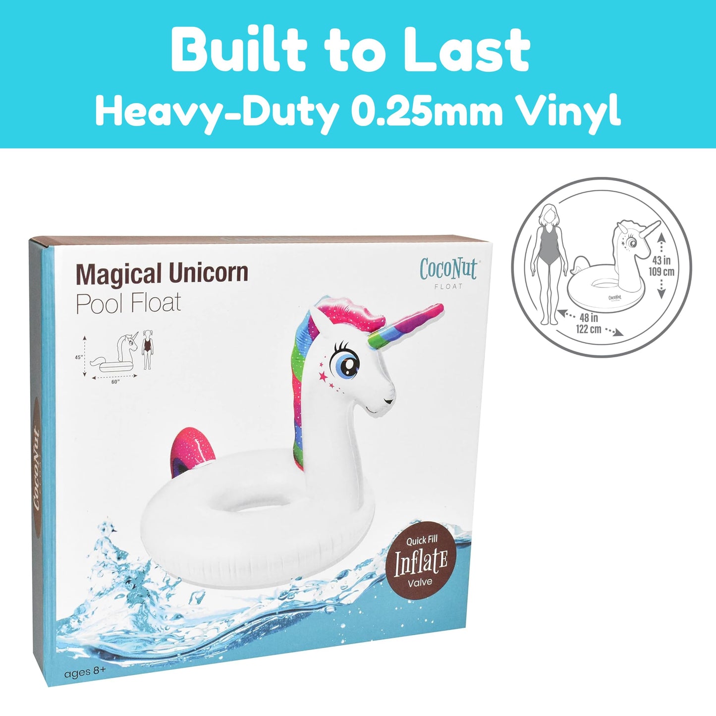 Coconut Outdoor Magical Unicorn Pool Float, Jumbo Inflatable Pool Ring