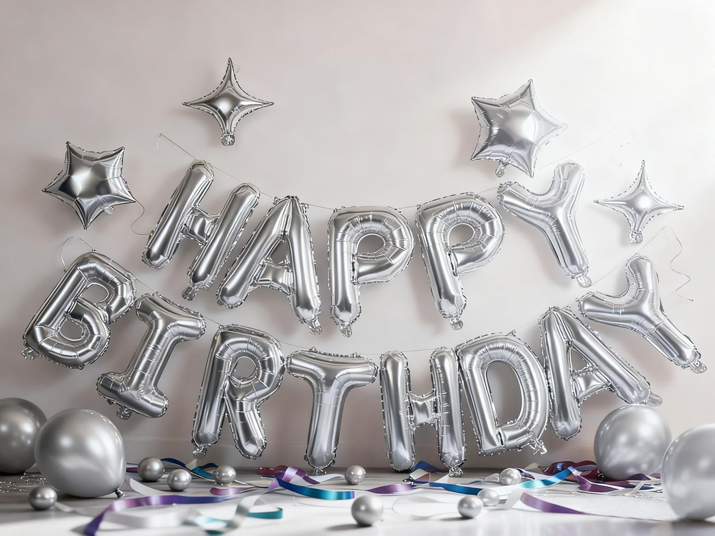Silver Happy Birthday Banner Balloon Aluminum Foil 16 Inch Letter,10 Inch Five Pointed Star Four Pointed Star Suitable for Kids, Men, Women, Boys