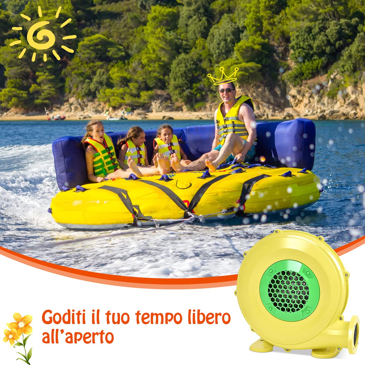 DPThouse Bounce House Blower 735 Watt 1.0HP for Inflatable Bounce House Bouncy Castle, Yellow+Green, Small