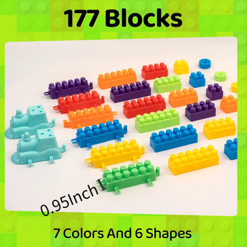 DUVRY 2025 Latest 177 PCS 1 * 1-1 * 3 Inch Large Building Blocks for Toddlers Ages - Brick Set with Cars & Baseplate, Educational STEM Toy for Kids,1