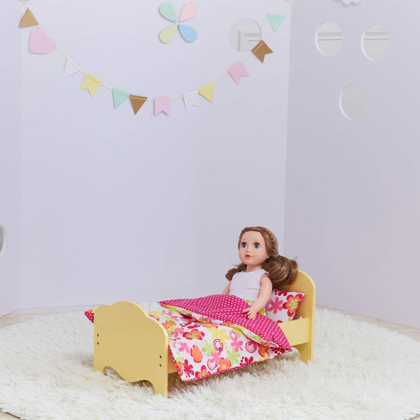 Olivia's Little World - Little Princess 18" Eco-Friendly, fits American Girls Dolls, Wooden Doll Classic Single Bed Yellow & Bedding Set-Summer
