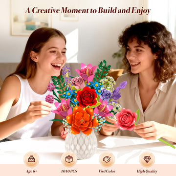 Flowers Bouquet Building Blocks Set - 19 Colorful Flower Building Set Rose, Lily, Peony, 1010 PCS DIY Artificial Botanical Collection for Adults Women