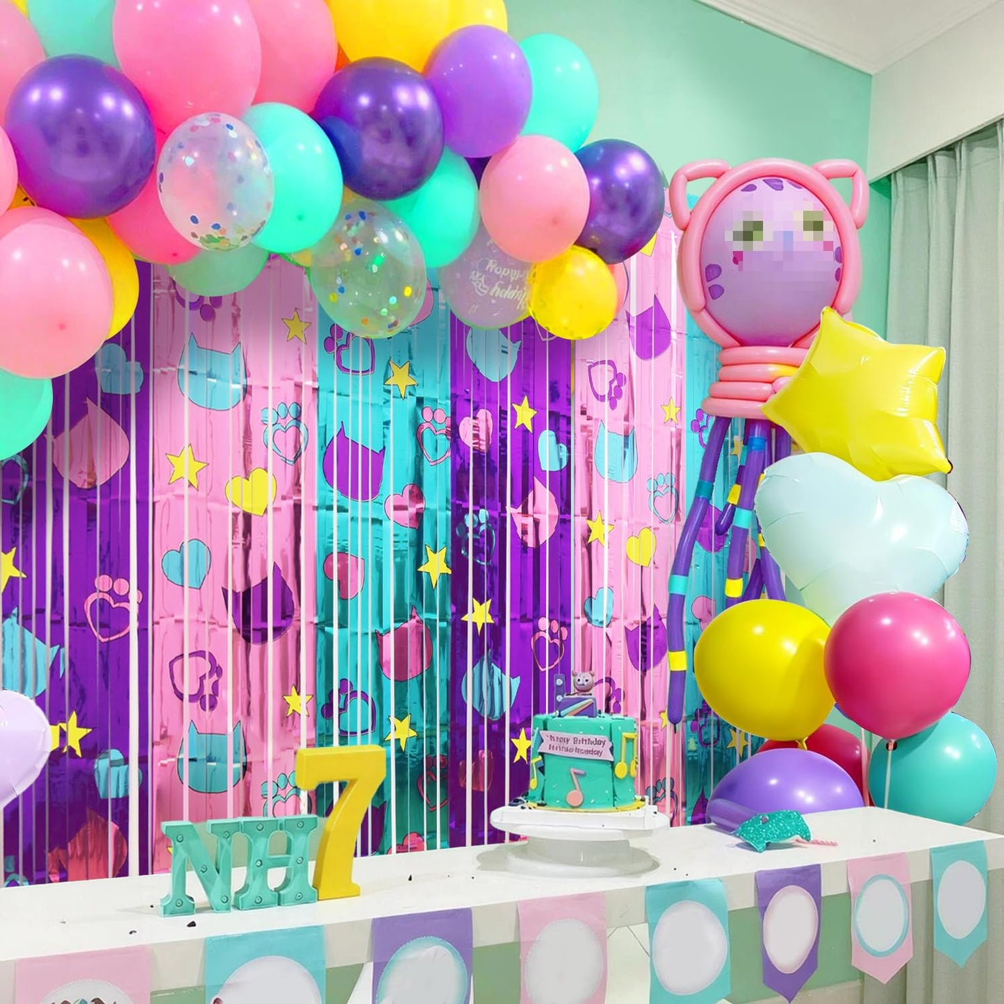 Cute Dollhouse Birthday Decorations, 2 Pack Dollhouse Party Photo Booth Prop, Purple Pink Teal Kitty Head Printing Fringe Curtains Tinsel Photo