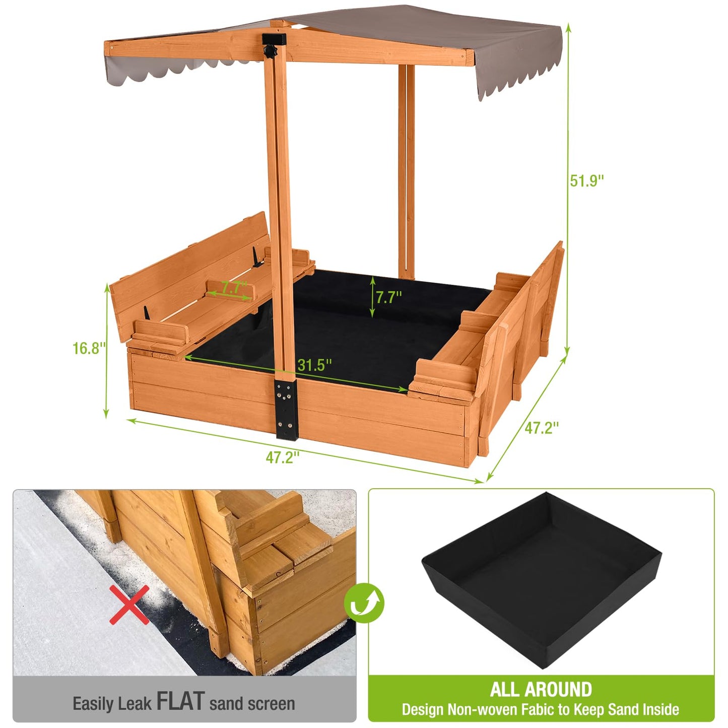 GUTINNEEN Upgraded 47" Outdoor Wooden Sandbox for Kids Ages 4-8 Brwon