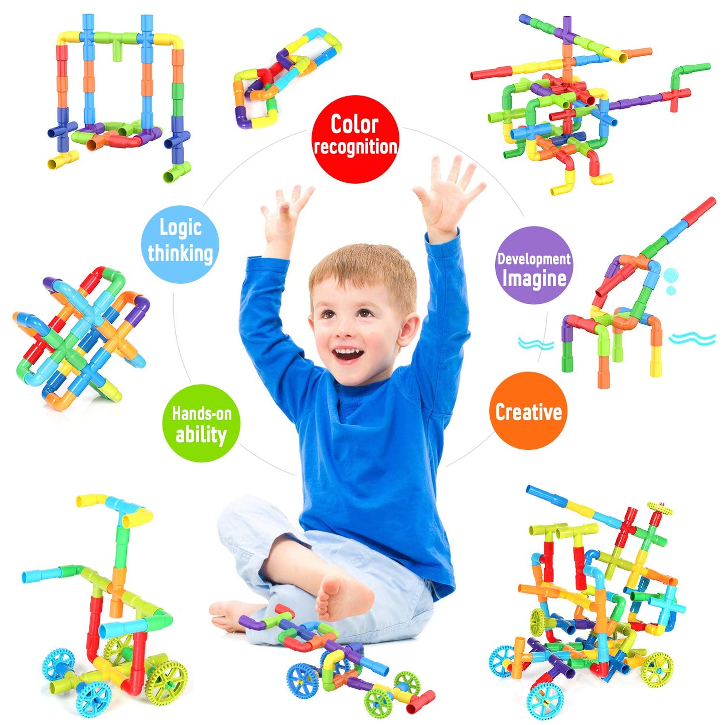 250 Pcs Tubular Pipes & Spout STEAM Interlocking Educational Building Blocks Set, Kids Tube Locks Construction Set with Storage Box, Idea Book