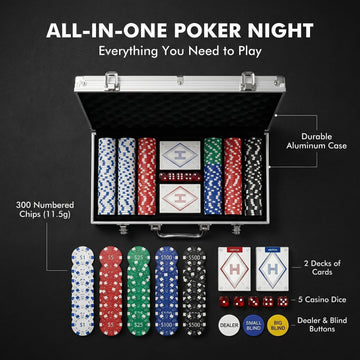HEITOK 300pc Poker Chip Set 11.5g Iron Core Denominations Texas Holdem