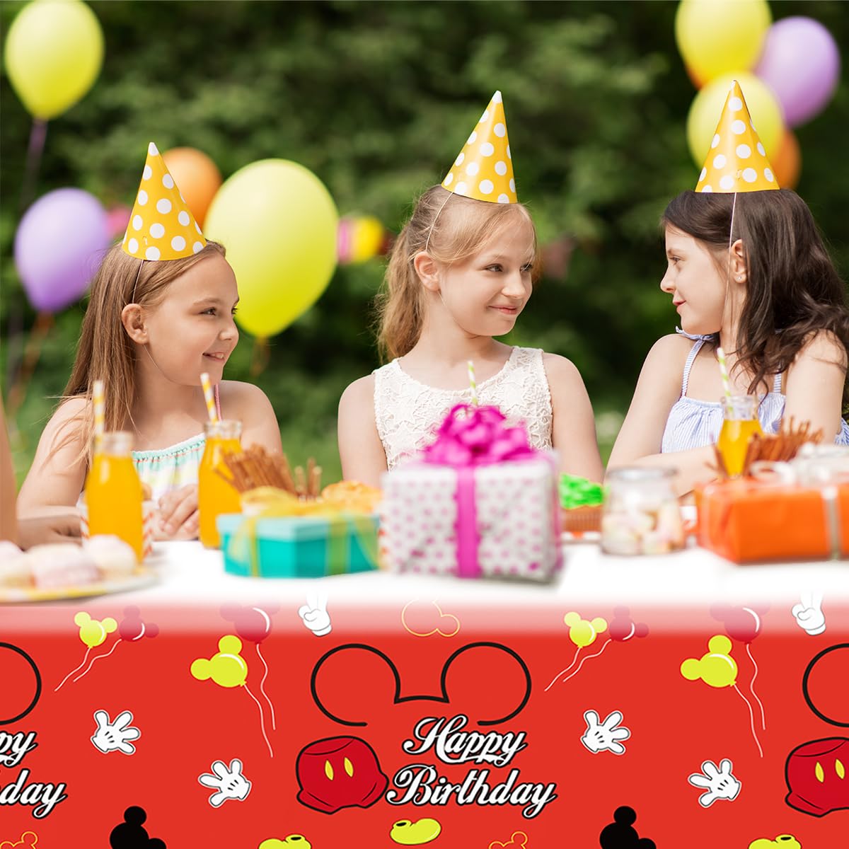 SHONHONG 2pcs Red Cartoon Mouse Party Tablecloth,Red Mouse Theme Birthday Decoration