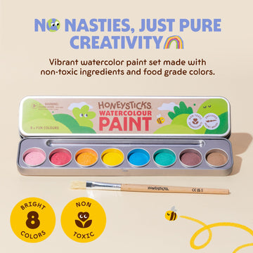 Honeysticks Non-Toxic Watercolor Paint Set for Kids and Toddlers - 8 Vibrant and Long Lasting Colors with Brush - Natural and Food Grade Ingredients