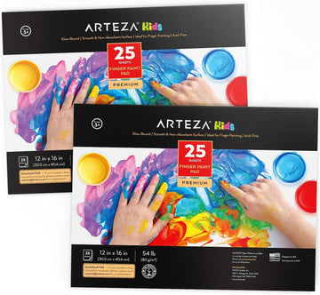 ARTEZA 12x16 Inches Finger Paint Paper Pad, Pack of 2 Finger Pads, 25 Sheets Each, 54lb/80gsm Drawing Pad for Kids