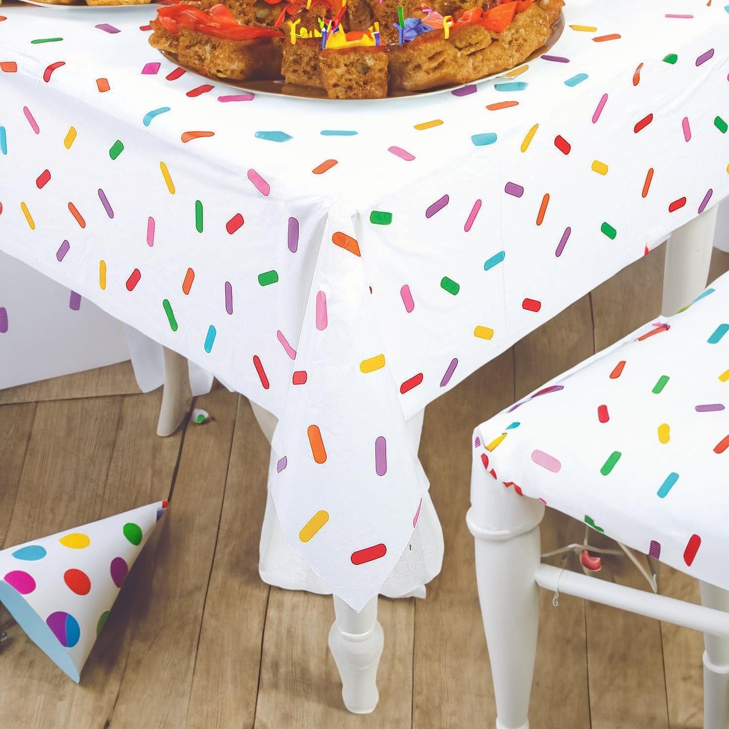 Fun Express Birthday Sprinkle Table Cloth Roll - Plastic Table Cover Disposable 40 x 100 Foot - Party Tablecloth for Rectangle Table | Bulk