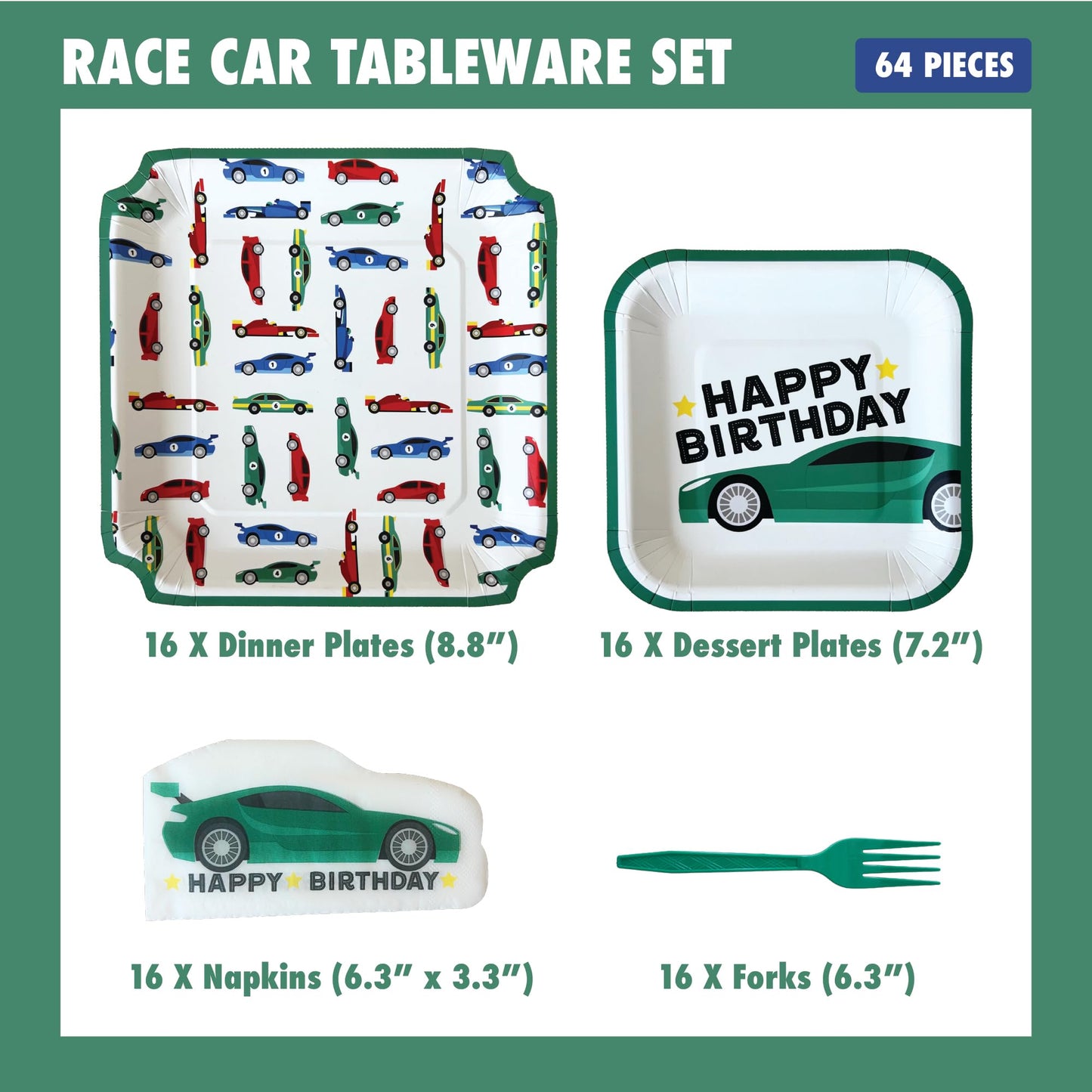 Modern Whimsy Race Car Birthday Party Decorations - 64 Pc Car Tableware Serves 16 - Square Plates, Die-Cut Car Napkins & Forks - Green Boys Car Themed