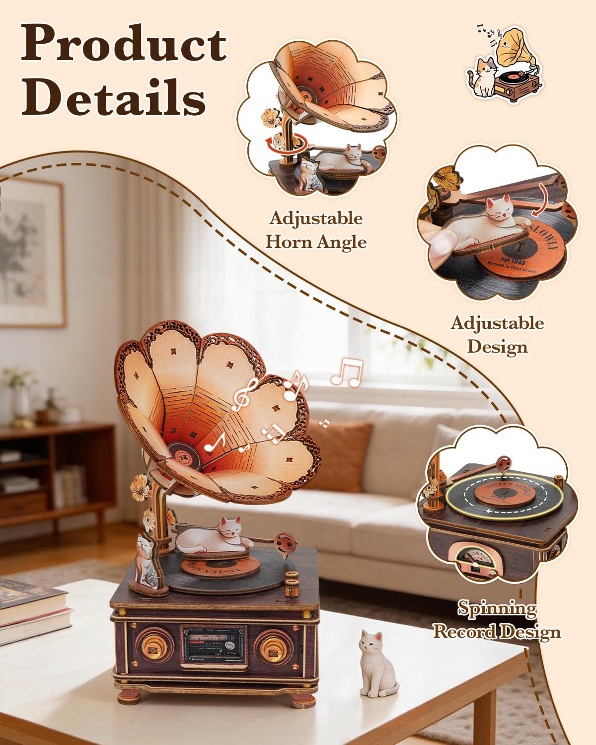Rnfinewow 3D Puzzles for Adults, Wooden Cat Gramophone Music Box Handmade Model Kit DIY Crafts, 3D Wooden Music Box Puzzles Vintage Gramophone