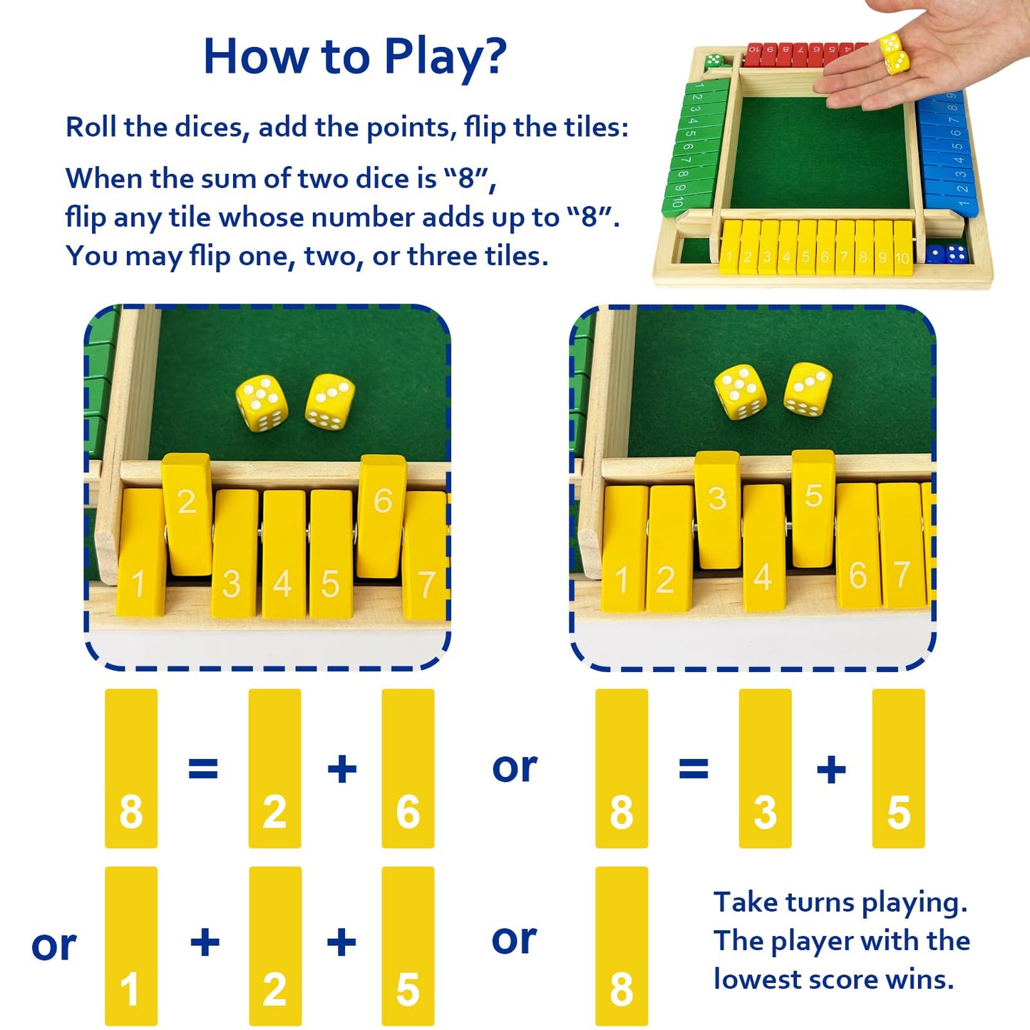 Shut The Box Dice Game 4 Player, Wooden Board Table Games for Kids and Adults, Addition Math Games for Family, Classroom, Party or Bar (10 Numbers)