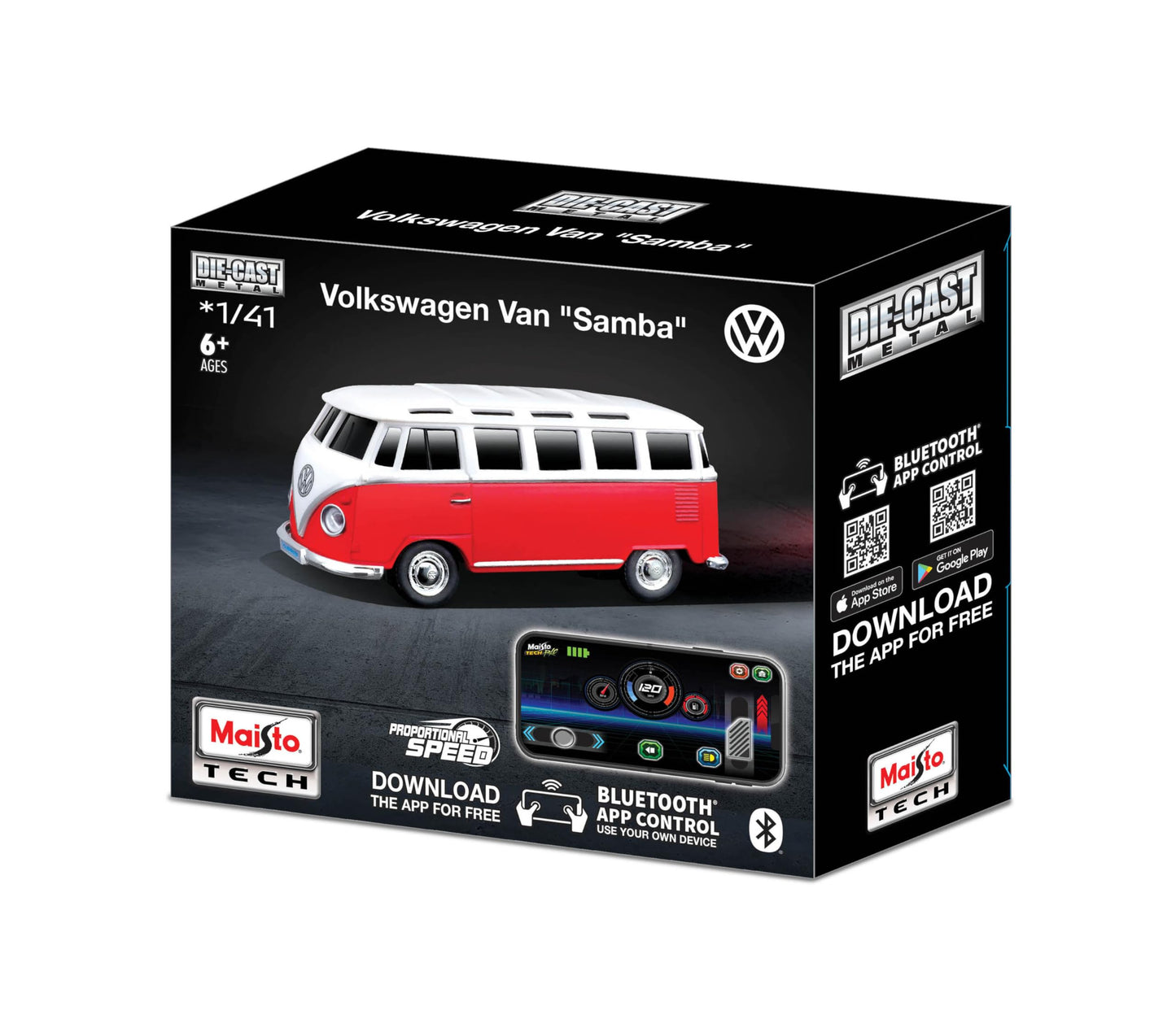 Maisto Tech R/C Power Racer Volkswagen T1 Samba: Remote Controlled Vehicle with App and Battery Control, Ages 6, Red (582650-3)