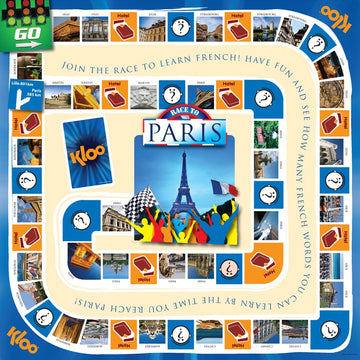 KLOO Learn French Board & Card Game Race to Paris | Fun for Family Kids Adults School | Play & Talk French Language | 4 Decks, Speak 100's of Words